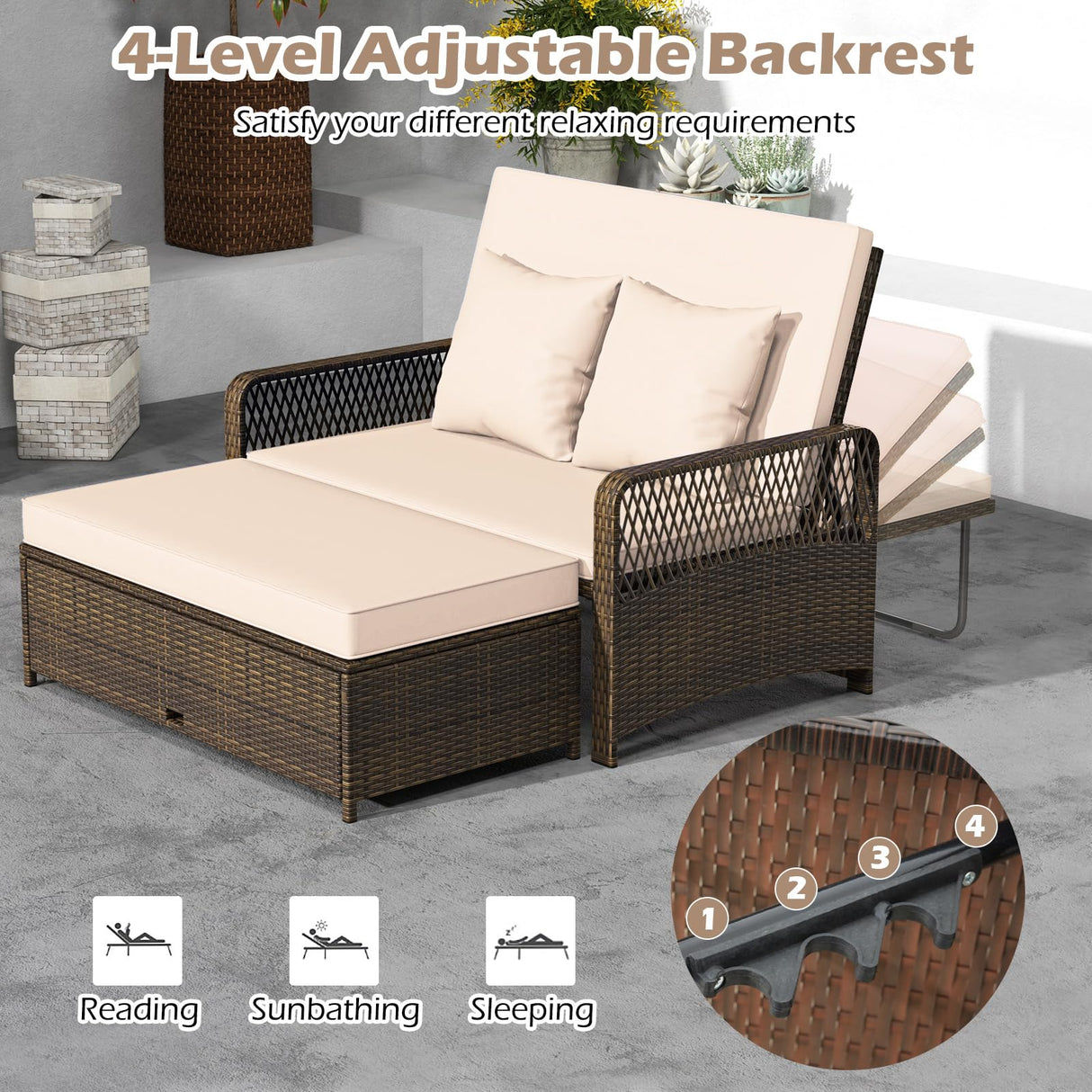 Tangkula Patio Adjustable Wicker Daybed, Rattan Loveseat & Storage Ottoman w/ 4-Level Backrest & Soft Cushions, Space-Saving 2-Person Sun Lounger for Backyard, Porch (Beige) Tangkula