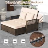 Tangkula Patio Adjustable Wicker Daybed, Rattan Loveseat & Storage Ottoman w/ 4-Level Backrest & Soft Cushions, Space-Saving 2-Person Sun Lounger for Backyard, Porch (Beige) Tangkula