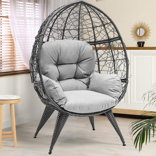 YITAHOME Egg Chair Wicker Outdoor Indoor Oversized Large Lounger with Stand Cushion Leveling Feet Egg Basket Chair 330lbs Capacity for Patio, Garden, Backyard, Balcony-Grey