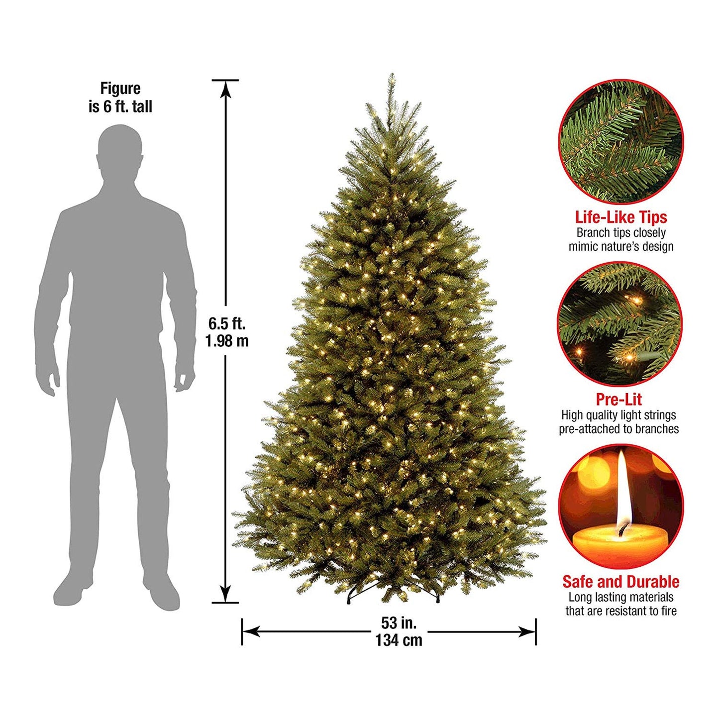 National Tree Company Pre-Lit Artificial Full Christmas Tree, Green, Dunhill Fir, White Lights, Includes Stand, 6.5 Feet