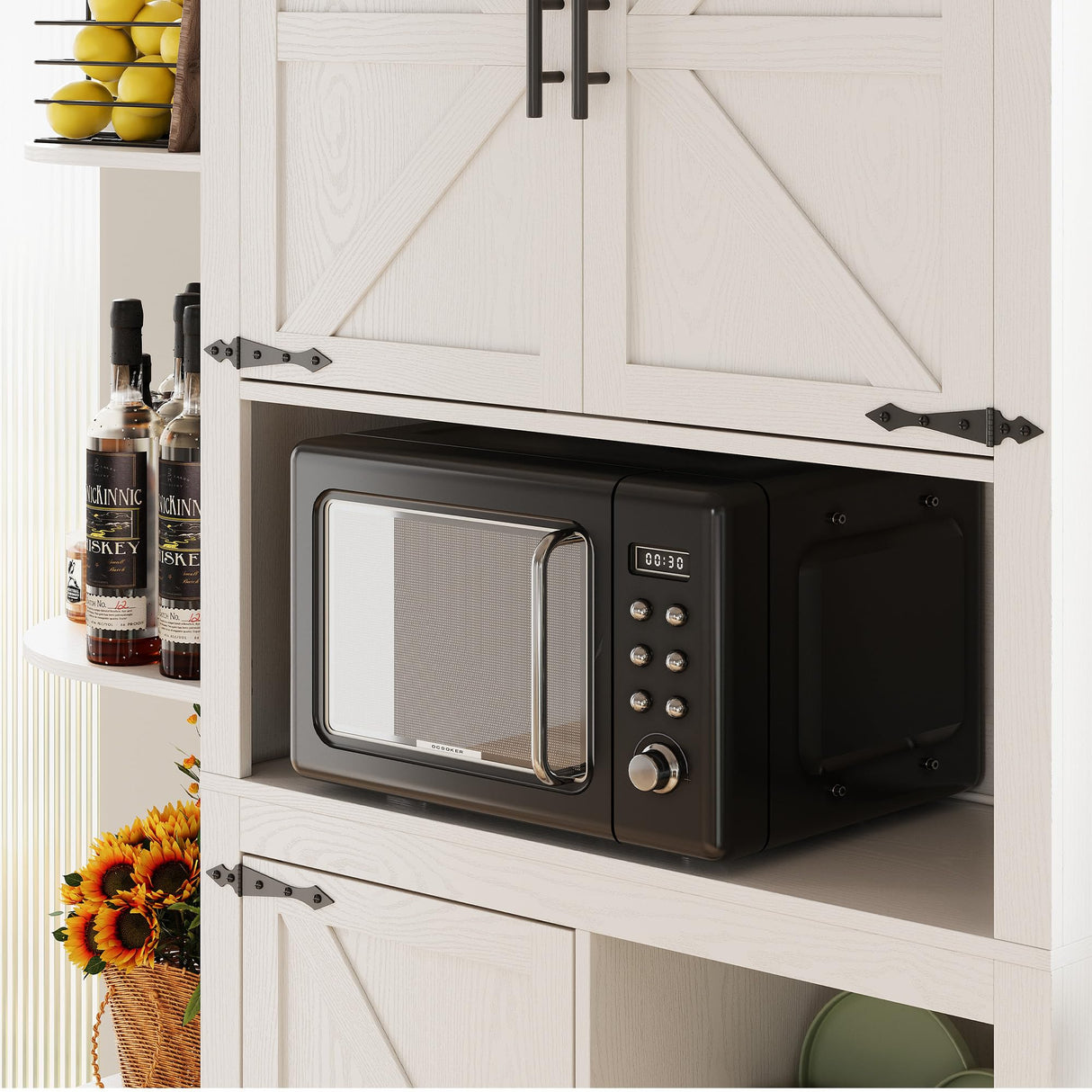 IRONCK 70" Farmhouse Kitchen Pantry, Storage Cabinet with Power Outlets, 4 Side Shelves, Buffet Sideboard with Microwave Stand, Coffee Bar with 2 Drawers, Cupboard for Dining Room, White IRONCK