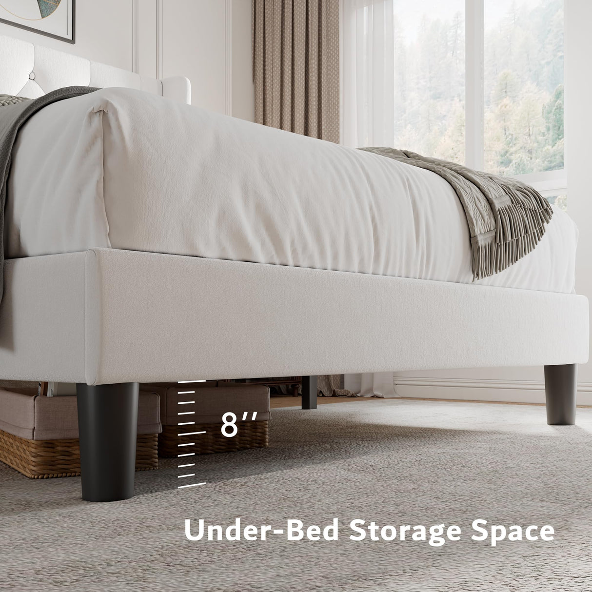 iPormis Full Size Velvet Platform Bed Frame with Button Tufted Headboard, Upholstered Bed Frame with Solid Wooden Slats, 8" Underbed Space, No Box Spring Needed, Noise Free, Easy Assembly, White iPormis