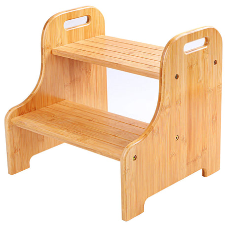VaeFae Bamboo 2 Step Stool with Non-Slip Step Treads and 2 Cutout Handles VaeFae