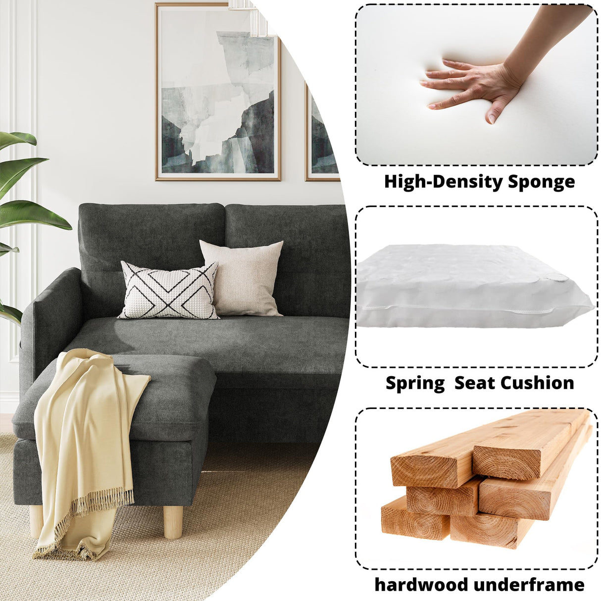 LIKIMIO 80''L-Shaped Modular Sectional Sofa for Living Room, 3-Seater Couch with Movable Ottoman, Modern Convertible Sofas, Small Couches for Living Room/Apartment/Office, Grey LIKIMIO