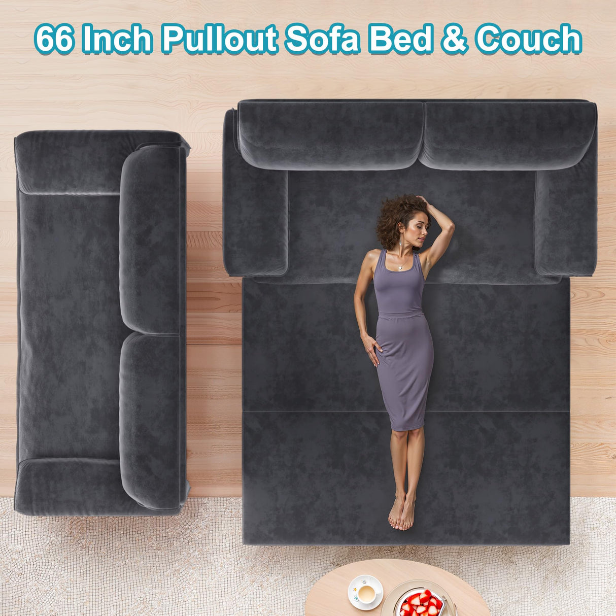 Lyngins 66 Inch Queen Size Sleeper Sofa Bed, 3 in 1 Convertible Pull Out Couch Velvet Loveseat Sofa Couch Bed with Side Pockets for Apartment, Bedroom, Living Room, Dark Gray Lyngins