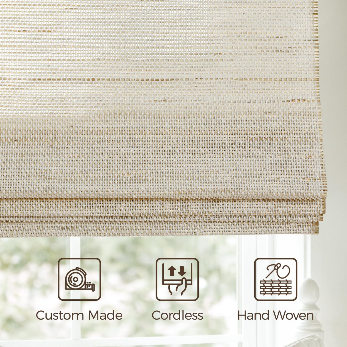 TWOPAGES Woven Bamboo Cordless Roman Shades, Custom No Drill or Motorized Blinds with Remote for Indoor Windows, Wall White TWOPAGES