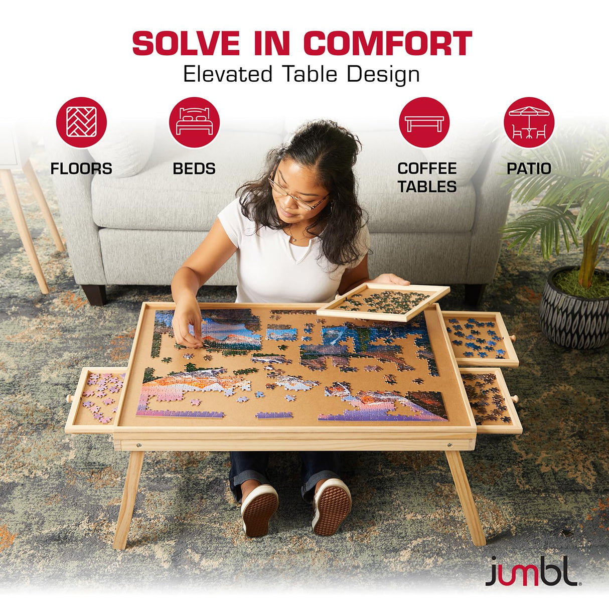 Jumbl 1000-Piece Puzzle Table with Drawers, Foldable Legs & Cover | Wooden Jigsaw Puzzle Board with Legs for Adults & Kids | Built to Last Jumbl