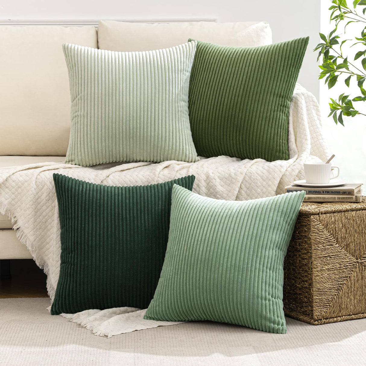 MIULEE Boho Farmhouse Sage Green Throw Pillow Covers 18x18 Inch Set of 4 Mordern Nordic Cushion Covers Soft Corduroy Christmas Home Decor for Couch Bed Sofa Living Room Forest Green MIULEE