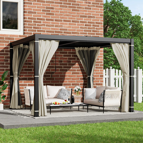 Amopatio 10' X 10' Louvered Pergola, Aluminum Outdoor Pergola with Adjustable Rainproof Roof, Metal Patio Hardtop Gazebo for Backyard, Deck, Garden (Khaki Curtain) Amopatio