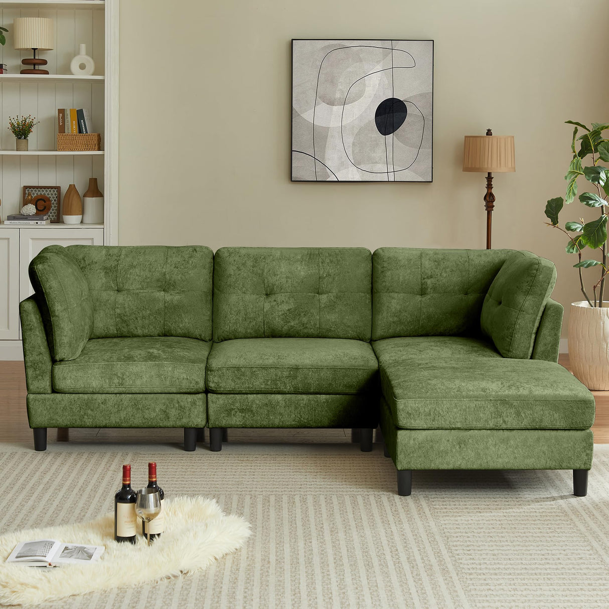 Portaforta 100" Oversized Sectional Couches for Living Room, Modular Sectional Sofa Couch, Modern Linen L Shaped Couch, 4 Seater Convertible Sofa for Living Room Apartment Office, Green Portaforta