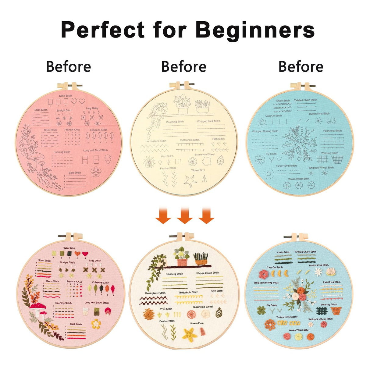 JOINRUN Embroidery Starter Kit for Beginner DIY: 3 Sets Adults Cross Stitch Kit, for Craft Lover Learn Hand Stitch, Includes Stamped Pattern,Hoop, Easy to Follow Instruction and Video JOINRUN