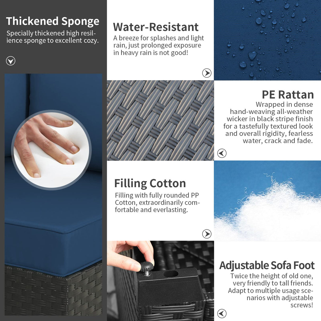 Rattaner Patio Sectional 6 Pieces All-Weather Wicker Patio Furniture Set Outdoor Sectional with Glass Patio Table Non-Slip Cushions and Waterproof Covers, Navy Blue Rattaner