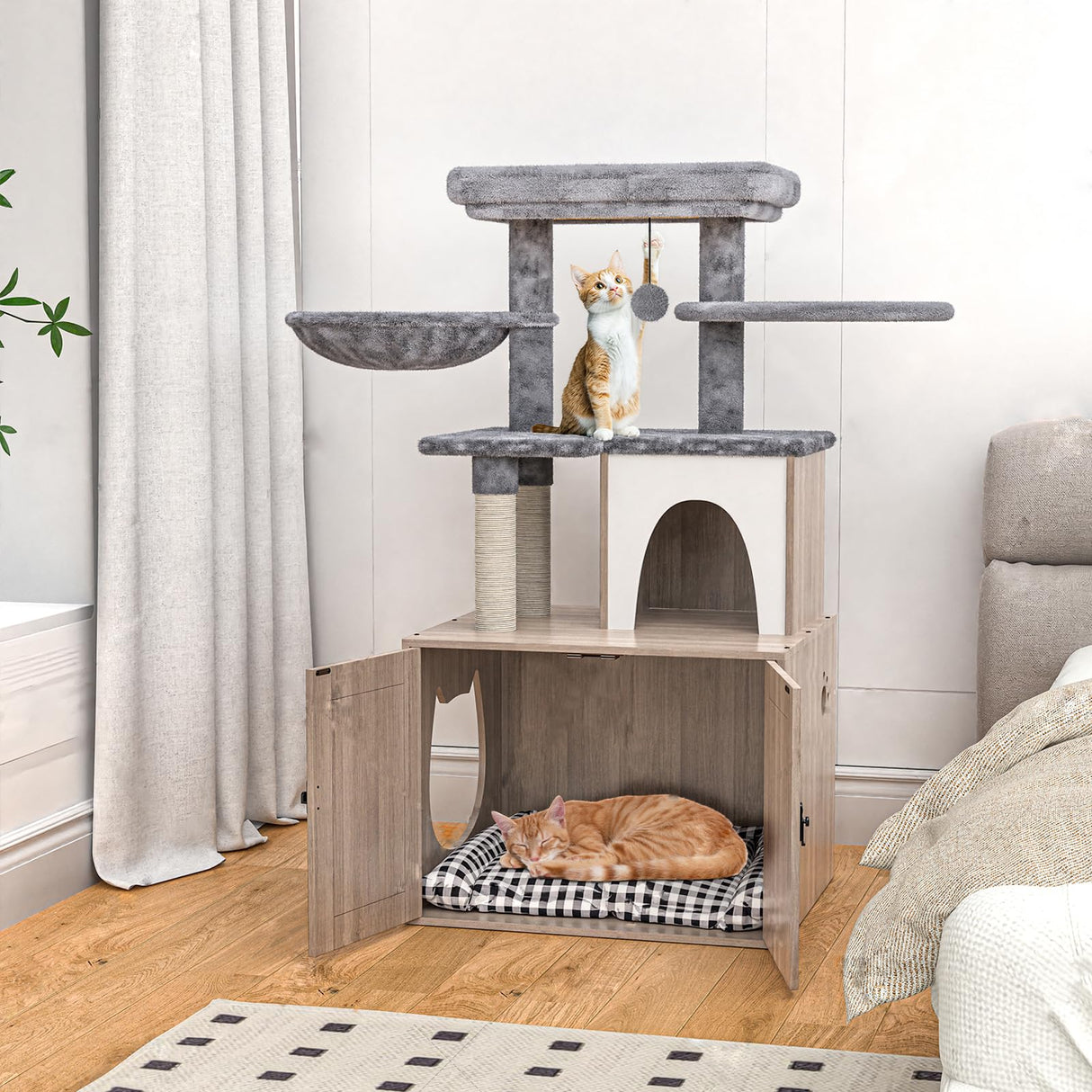 HavenlyYouth Litter Box Enclosure with Cat Tree,Cat Tree with Litter Box Enclosure,Hidden Pet Washroom Furniture with Sisal Scratching Post,Hammocks,Condo,Multiple Platform,Soft Plush Perch, Grey HavenlyYouth