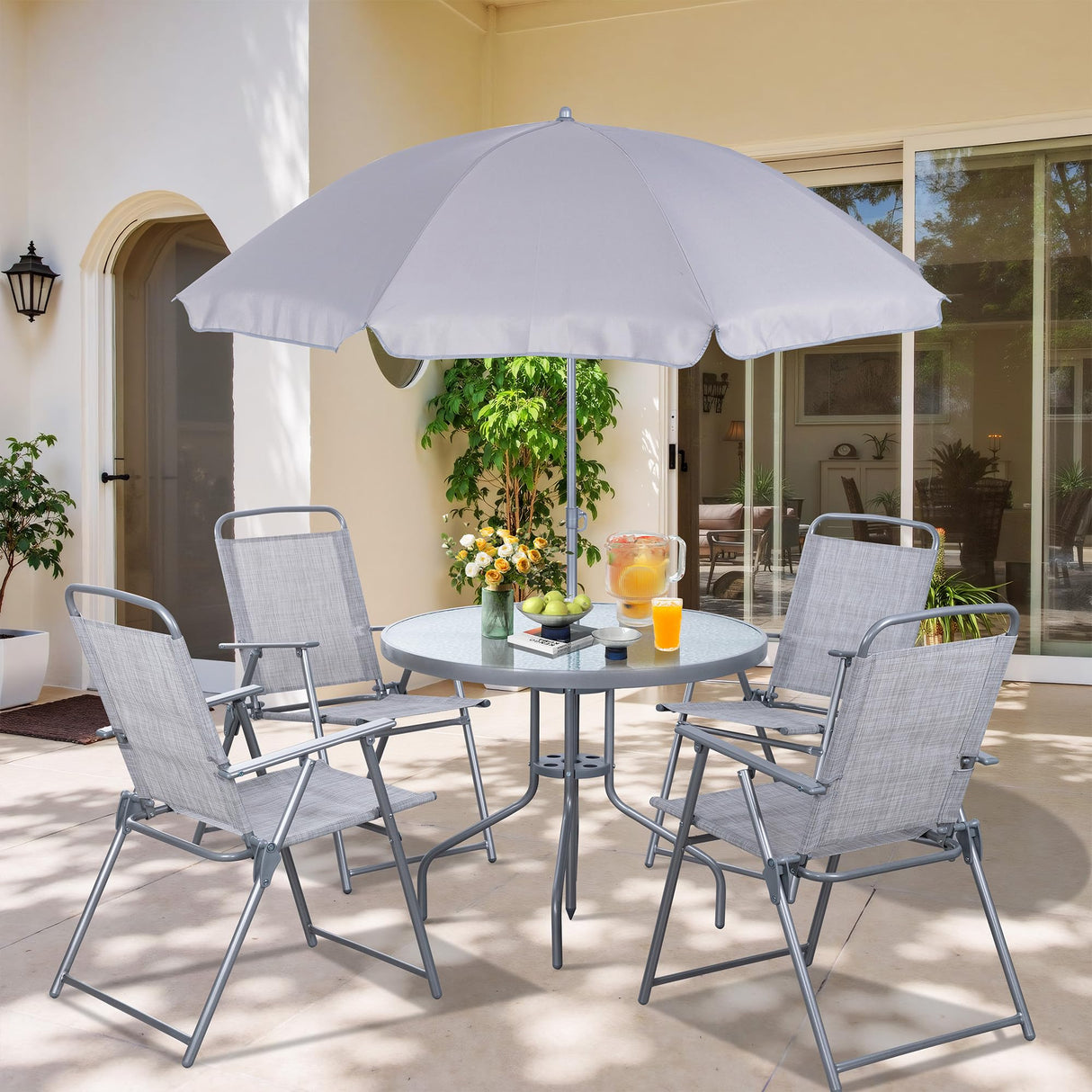 Vongrasig 6 Pieces Folding Patio Dining Set, All Weather Small Metal Outdoor Table and Chair Set, Garden Patio Furniture Set w/Umbrella, Glass Table & 4 Folding Chairs for Lawn, Backyard, Silver Vongrasig
