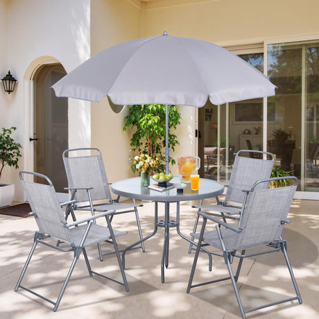 Vongrasig 6 Pieces Folding Patio Dining Set, All Weather Small Metal Outdoor Table and Chair Set, Garden Patio Furniture Set w/Umbrella, Glass Table & 4 Folding Chairs for Lawn, Backyard, Silver Vongrasig