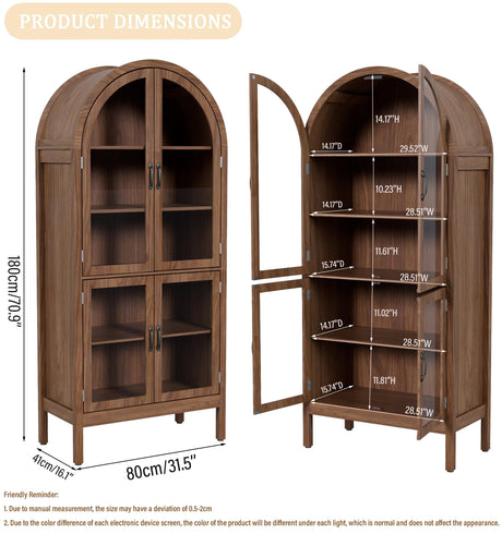 70.9'' Tall Arched Display Cabinet with Acrylic Glass Doors, Modern 5-Tier Arched Bookcase, Kitchen Pantry Storage Cabinet Curio Cabinets for Living Dining Room (Walnut, 31.5‘’W) Lxsxlome