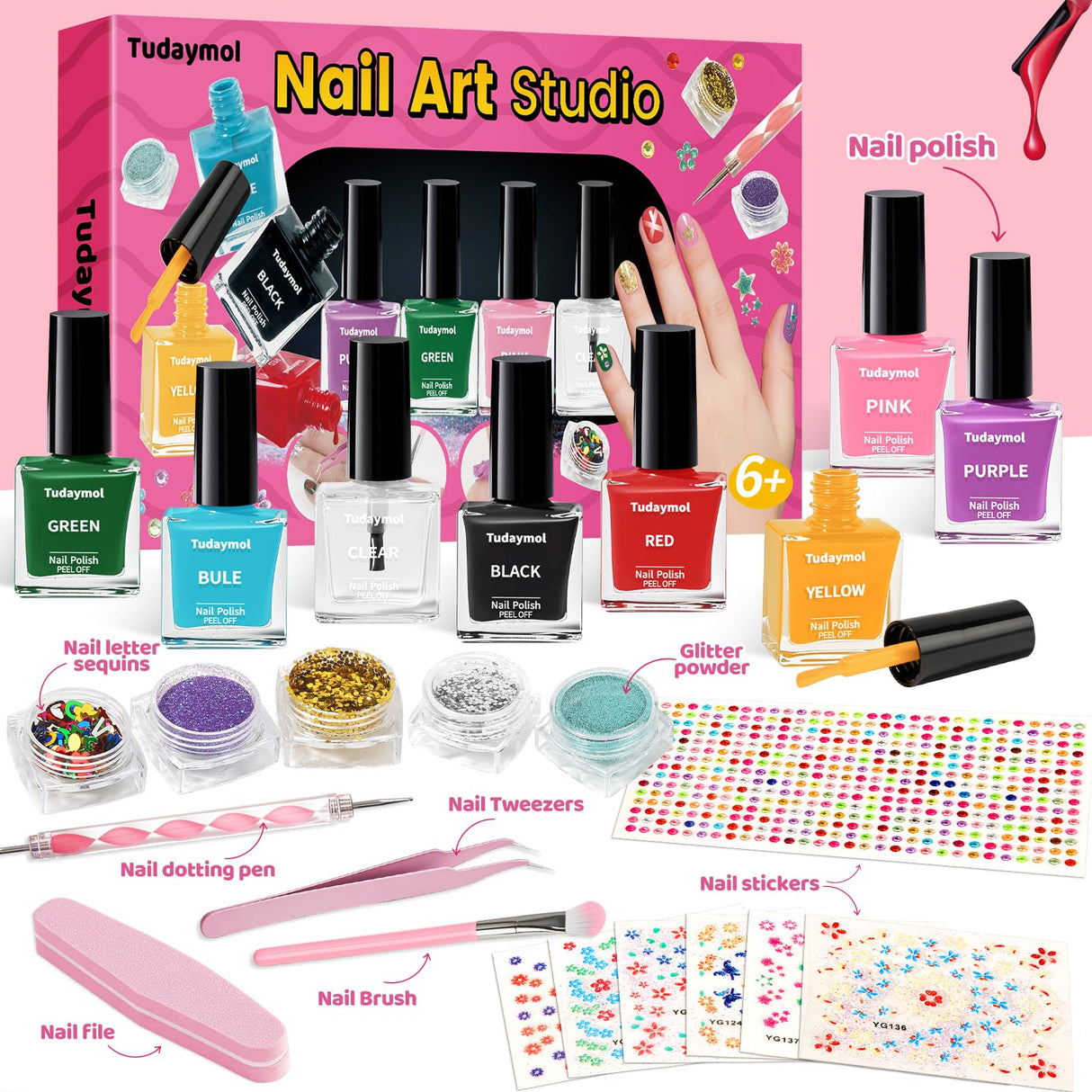 Tudaymol Nail Polish Set for Kids - Water-Based Peelable Polish-8 Colors with Glitter, Gems, Stickers, Pens, Tools, DIY Nail Art Kit, Non-Toxic Girl Toys Birthday Gift for Girls Ages 6 7 8 9 10 11 12 Tudaymol