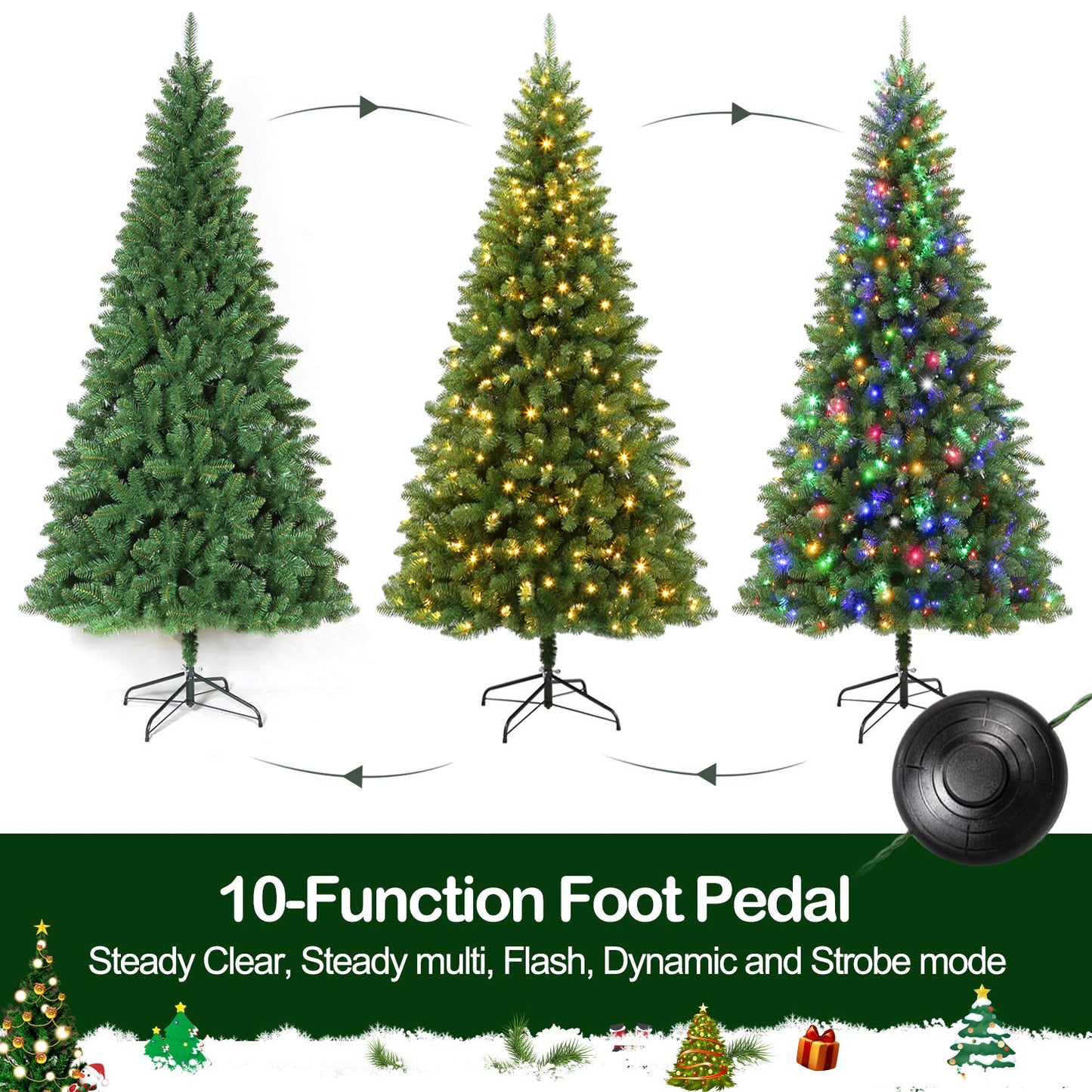 Hykolity 7.5 ft Prelit Christmas Tree, Artificial Christmas Tree with 450 Color Changing LED Lights, 1450 Tips, Metal Stand and Hinged Branches, 10 Color Modes