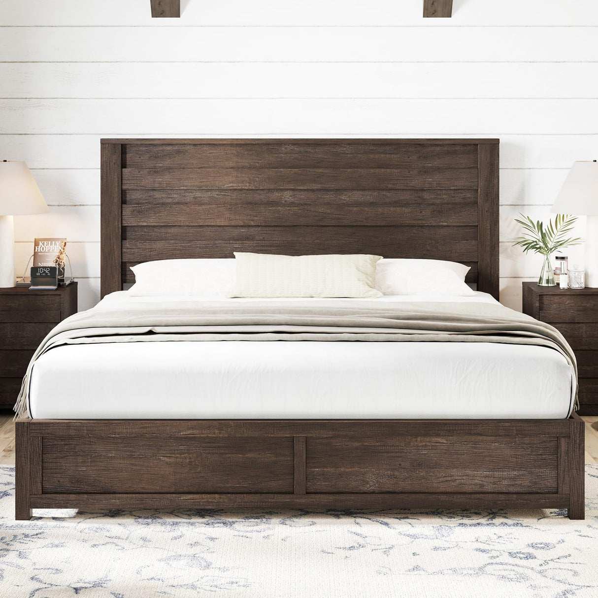 AMERLIFE Farmhouse King Size Bed Frame with 49" Fluted Headboard, Wood Platform Bed with Natural Grain, No Box Spring Needed/Noise Free, Gray AMERLIFE