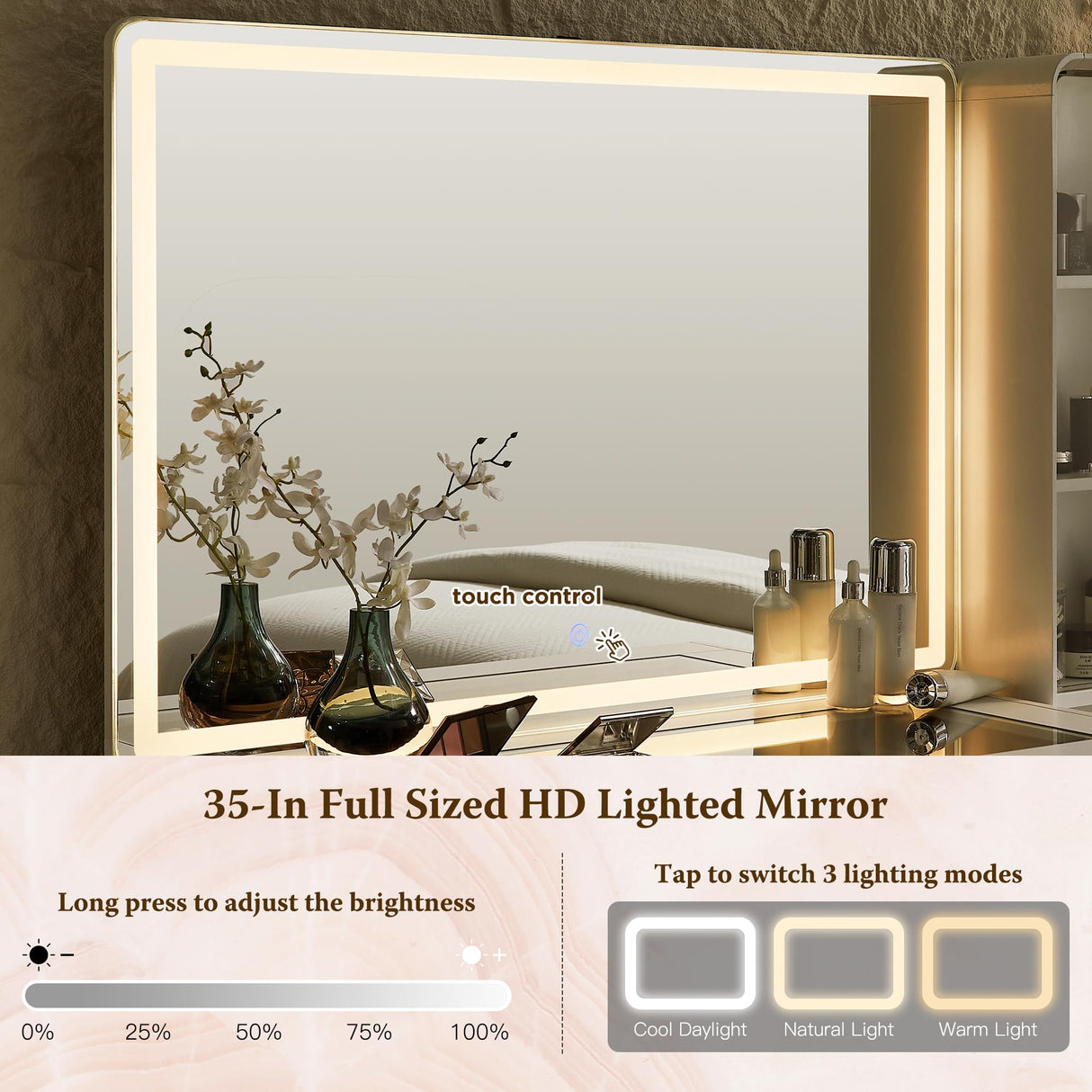 Fluted Makeup Vanity Desk with Large 35" HD Lighted Mirror, 48" Mid Century Modern Glass Top Vanity Table with 5 Drawers & Adjustable Shelf, Dressing Table w/Charging Station for Bedroom, Off White T4TREAM