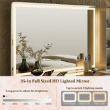 Fluted Makeup Vanity Desk with Large 35" HD Lighted Mirror, 48" Mid Century Modern Glass Top Vanity Table with 5 Drawers & Adjustable Shelf, Dressing Table w/Charging Station for Bedroom, Off White T4TREAM