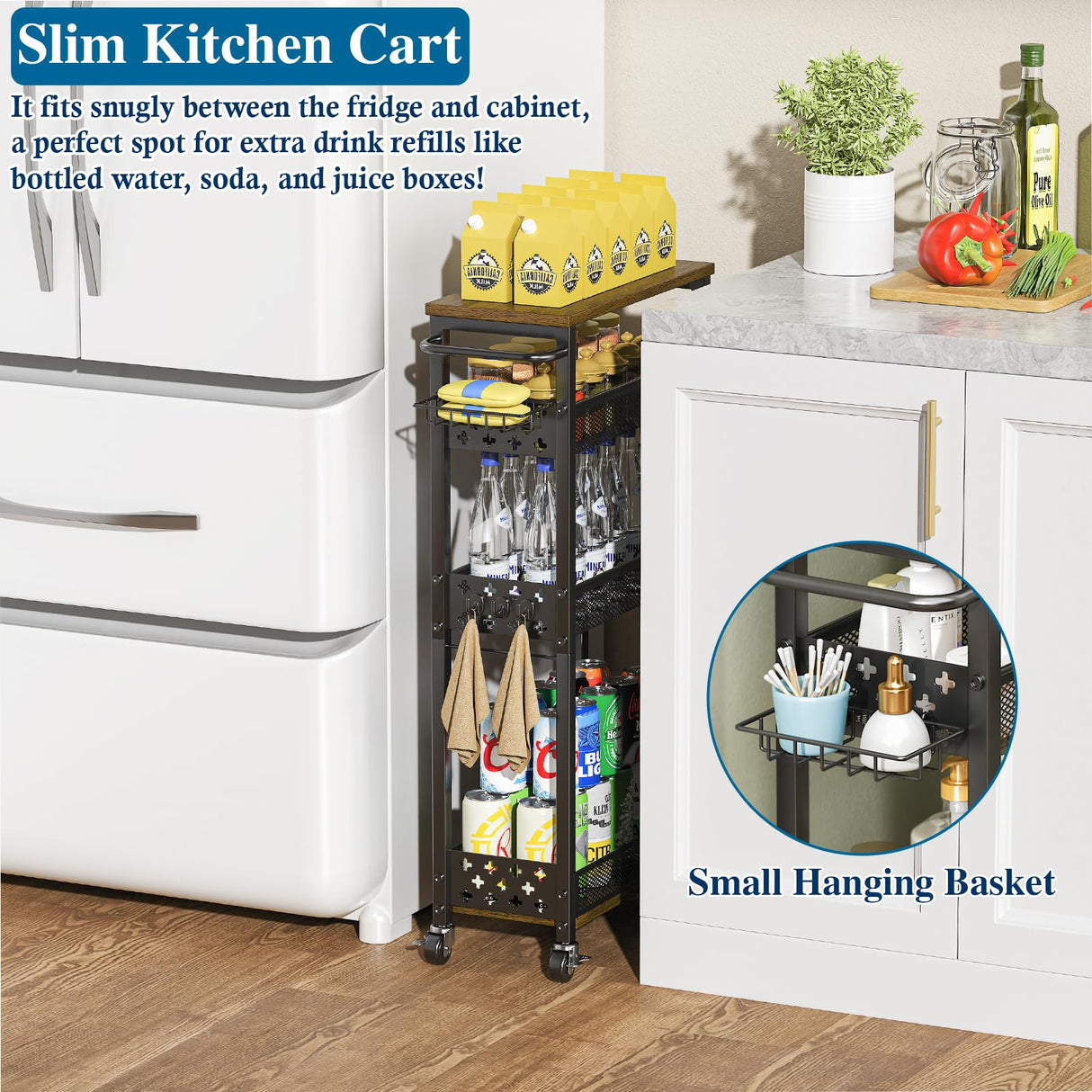 OKZEST Rolling Slim Storage Cart, 4-Tier Narrow Bathroom Organizers and Storage Cart, Metal Narrow Kitchen Laundry Room Organization Shelf with Wood Top, Slim Utility Cart with Wheels for Small Space OKZEST