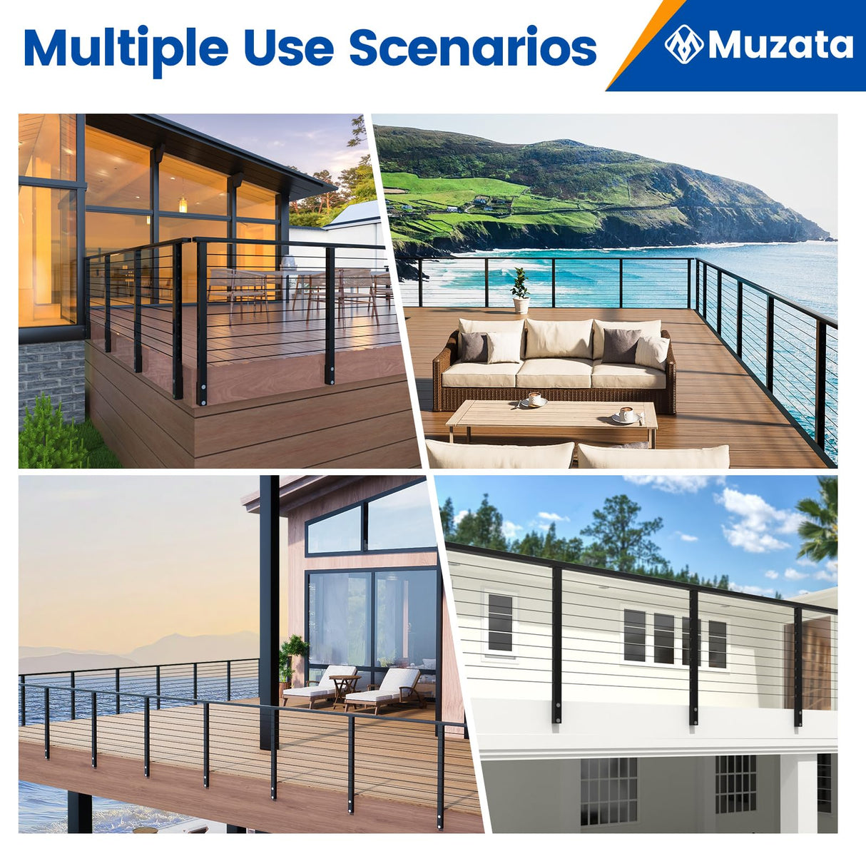 Muzata Aluminum Black Side Mount Cable Railing Post 36 Inch 36"X2"x2" Level Drilled Space-Saving Cable Railing System Kit Indoor Outdoor Seaside with Paper User Guide PW02 BHAS Muzata