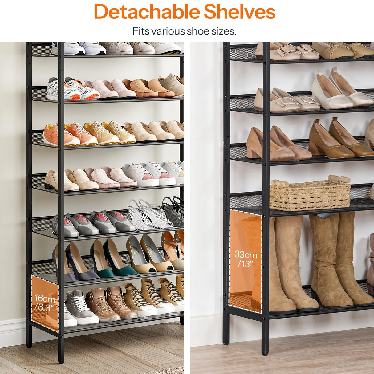 HOOBRO 8-Tier Shoe Rack, Large Capacity Shoe Shelf, Shoe Storage Organizer for 21-28 Pairs of Shoes, Front Door Entrance, Entryway, Hallway, Closet, Space Saver, Rustic Brown and Black BF18XJ01 HOOBRO