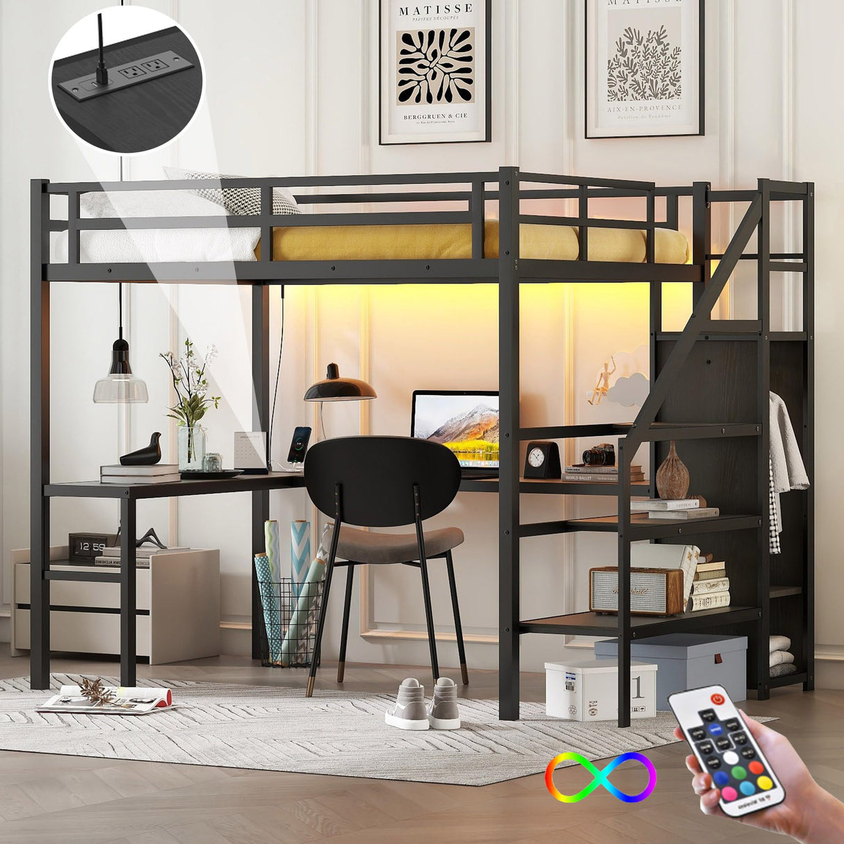 Full XL Size Metal Loft Bed with Desk and Wardrobe,Heavy Duty Loft Bed Frame with Storage Stairs,LED Loft Bed Full XL with Charging Station, Space Saving Loft Bed Full XL for Kids,Teens,Adults,Black Bellemave