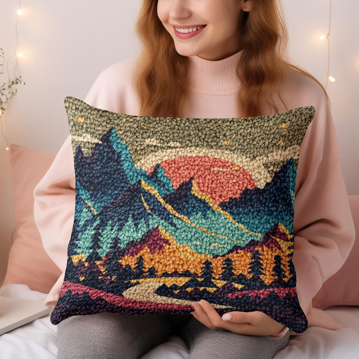 Landscape of Sunset Mountain Tree Latch Hook Pillow Kit for Adults with Printed Canvas Crochet Yarn DIY Throw Pillow Cover Needle Craft Handmade Cushion for Home Sofa Decor 43x43cm(2) Generic