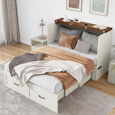 Hlivelood Queen Size Murphy Chest Bed with Drawer and Charging Station, Farmhouse Wood Space-Saving Hidden Folding Bed Chest, Multifunctional Storage Cabinet Beds for Bedroom, Office, Rustic White Hlivelood