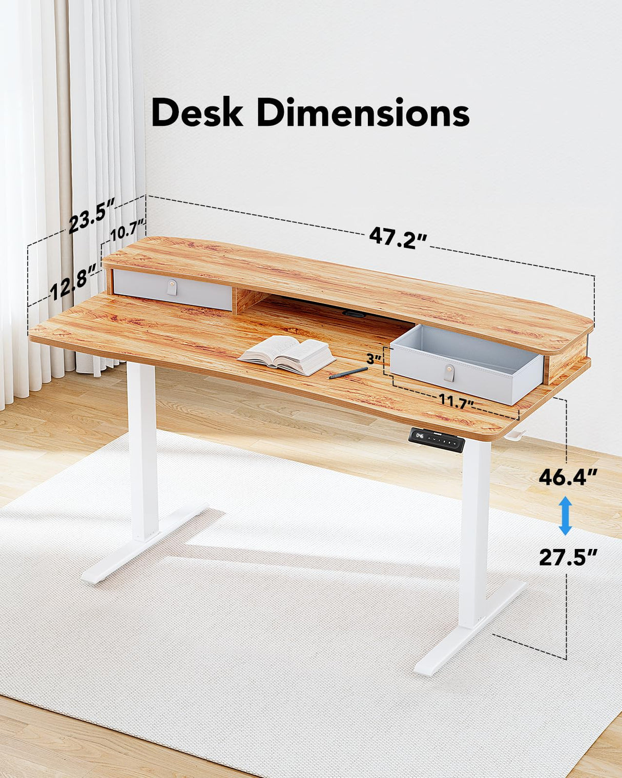 HUANUO 48″ x 24″ Electric Standing Desk with 2 Drawers, C-Clamp Mount Compatible, Height Adjustable Computer Desk, Home Office Stand Up Desk with 4 Preset Heights & 2 Hooks, Light Vintage HUANUO