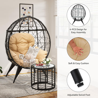 YITAHOME Egg Chair with Table Outdoor Egg Lounge Chair with Cushion Wicker Chair PE Rattan Chair Table Included for Patio, Garden, Backyard, Porch, Beige