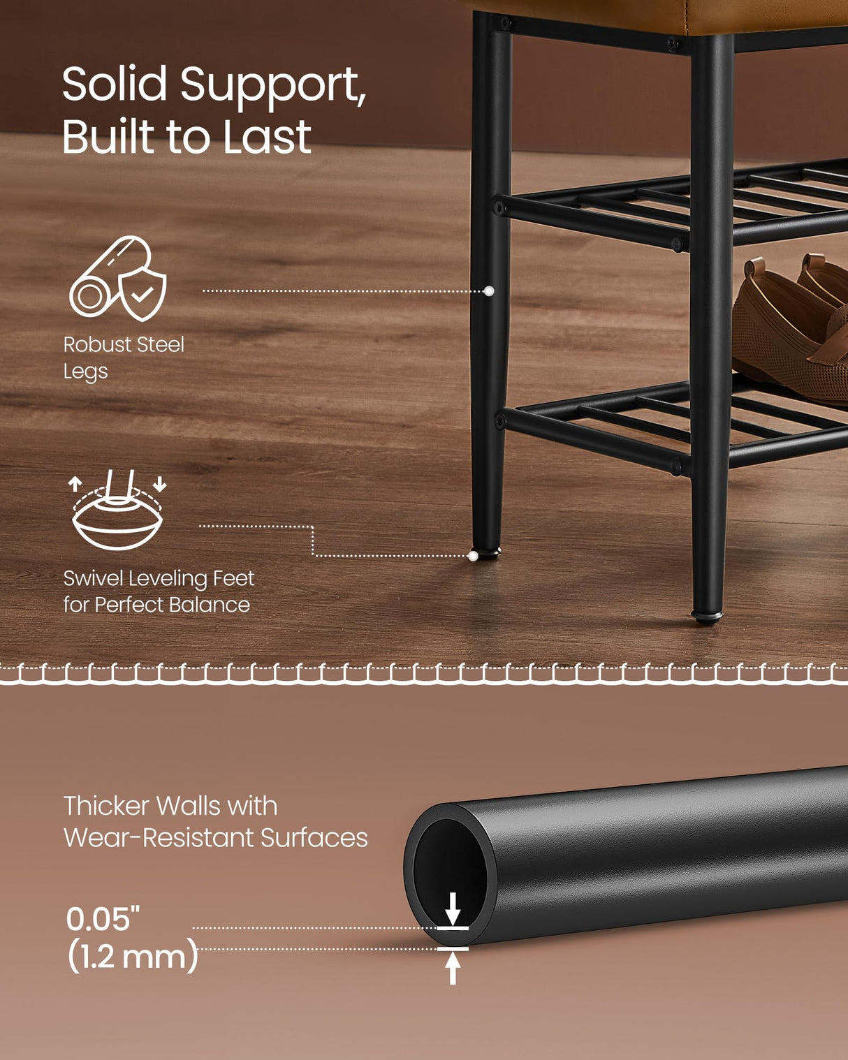 VASAGLE EKHO Collection - Shoe Rack Bench, Storage Bench for Entryway, Synthetic Leather with Stitching, Mid-Century Modern, Loads 300 lb, 11.8 x 31.5 x 19.7 Inches, Caramel Brown ULSB054K01 VASAGLE