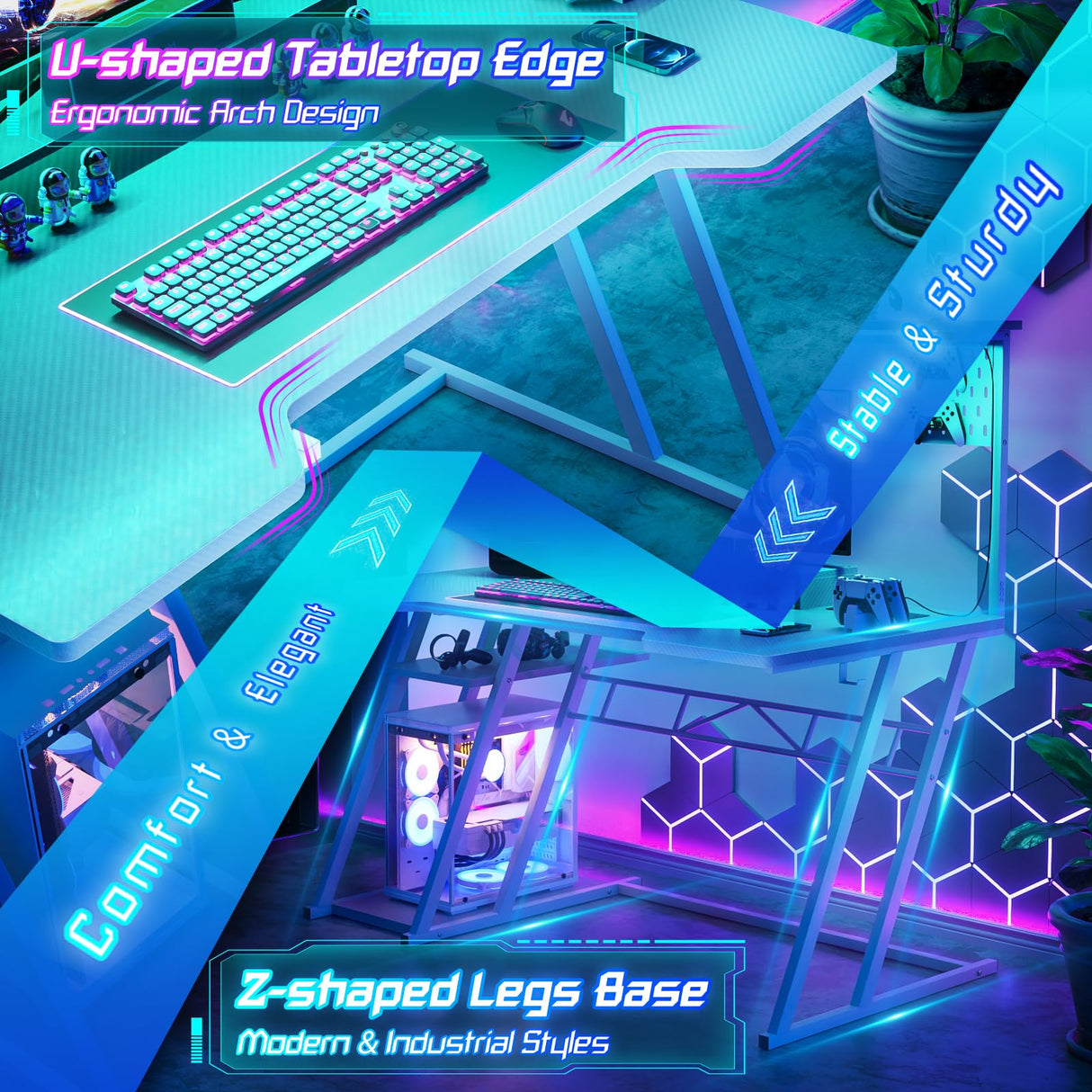 Gaming Computer Desk with Power Outlets, Gaming Desk with Hutch and LED Lights, Reversible PC Gaming Desk with Pegboard, Carbon Fiber White, 47" armocity