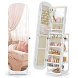 SONGMICS LED Jewelry Cabinet, 360° Swivel Jewelry Organizer, Lockable Mirror Jewelry Cabinet Standing, Rounded Wide Full-Length Mirror with Storage Shelves, Interior Mirror, Cloud White UJJC036W01 SONGMICS
