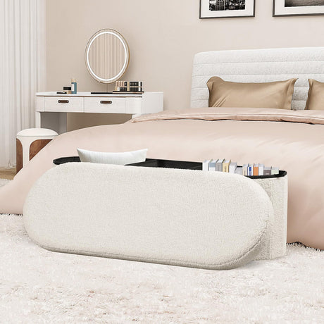 PINPLUS Storage Ottoman Bench Tufted Oval Ottomans Bench Foot Rest, Toy Chest Box Velvet Bench with Storage, 43"x15"x15" (White) PINPLUS