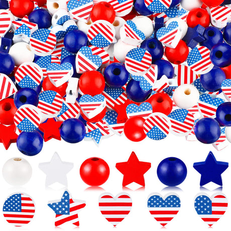 200 Pieces 4th of July Wood Beads Patriotic Independence Day Wooden Beads America Flag Stars Spacer Beads Blue White Red Beads for Craft DIY Garland Memorial Day Tiered Tray Decor Waydress