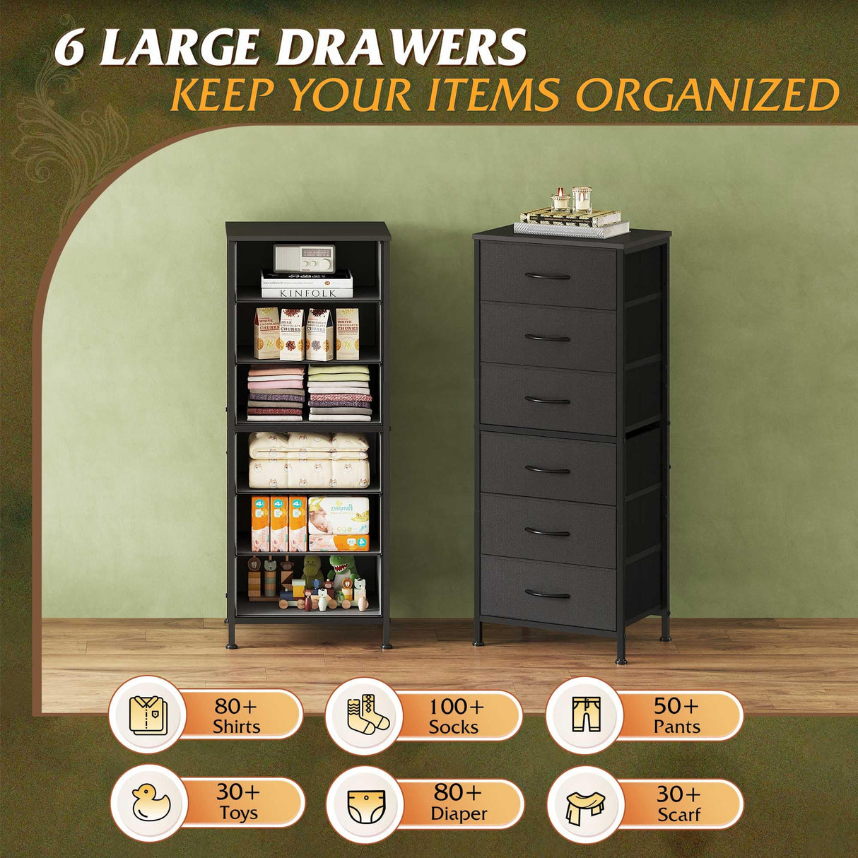WLIVE Black Tall Dresser for Bedroom, 6 Drawer Dressers & Chests of Drawers, Fabric Dresser for Closet, Living Room, Night Stand with Metal Frame, Storage Tower with Fabric Bins, Wood Top WLIVE