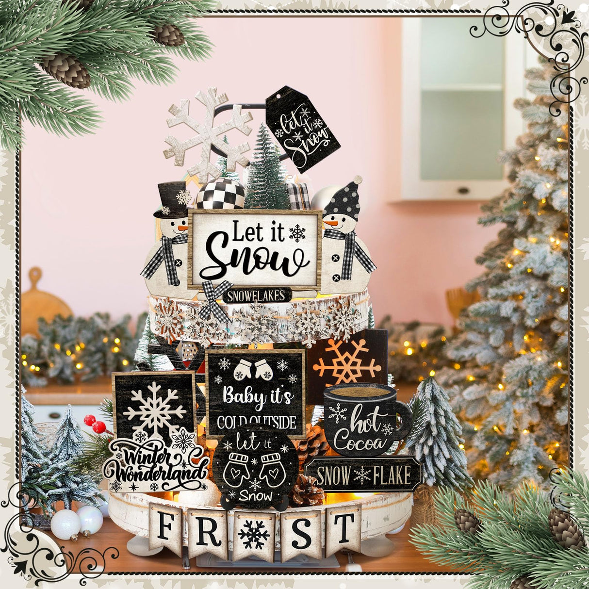 Nuogo 25 Pcs Christmas Winter Tiered Tray Decor Wood Rustic Winter Decoration for Home Christmas Snowflake Table Shelf Farmhouse Let It Snow Decor Xmas Snowman Signs for Table Holiday Nuogo