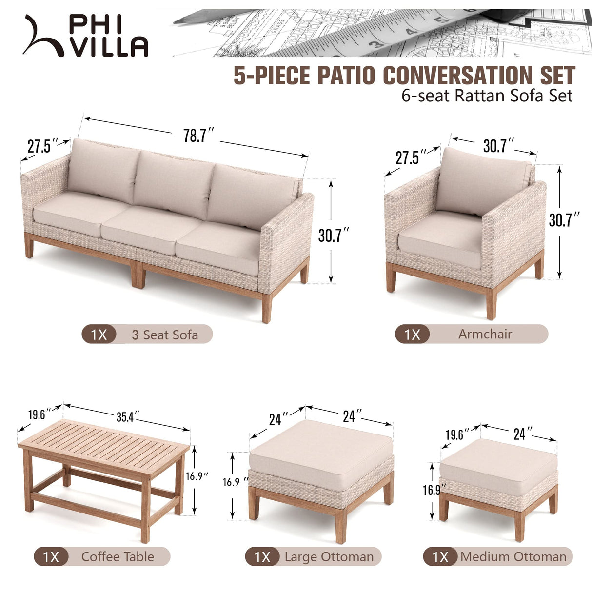 PHI VILLA 5-Piece Patio Wicker Furniture Set, Outdoor Sectional Rattan Cushion Sofa Couch Conversation Set with Ottoman, Acacia Wood Coffee Table for Poolside,Beige PHI VILLA