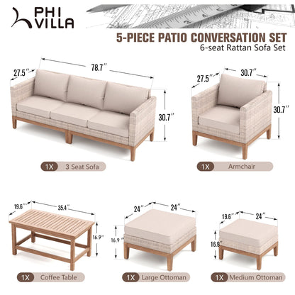 PHI VILLA 5-Piece Patio Wicker Furniture Set, Outdoor Sectional Rattan Cushion Sofa Couch Conversation Set with Ottoman, Acacia Wood Coffee Table for Poolside,Beige - WoodArtSupply