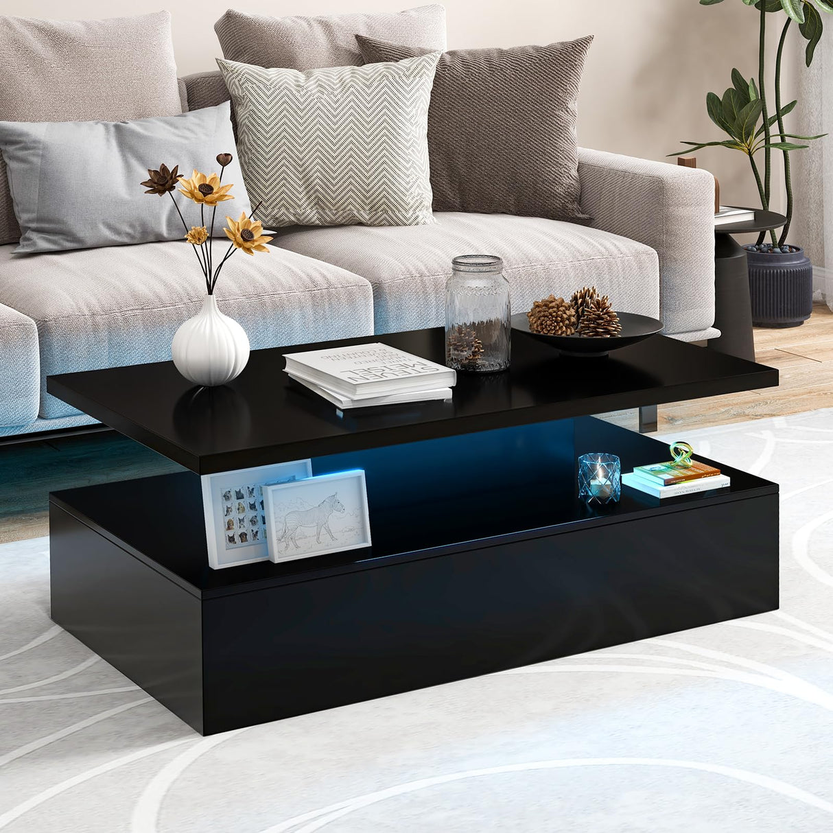 Giantex Modern LED Coffee Table - 2-Tier High Gloss Table w/Adjustable 20-Color Light, 8-Level Brightness & Speed, Remote Control, Contemporary 43.5”L Rectangular Center Table for Living Room (Black) Giantex