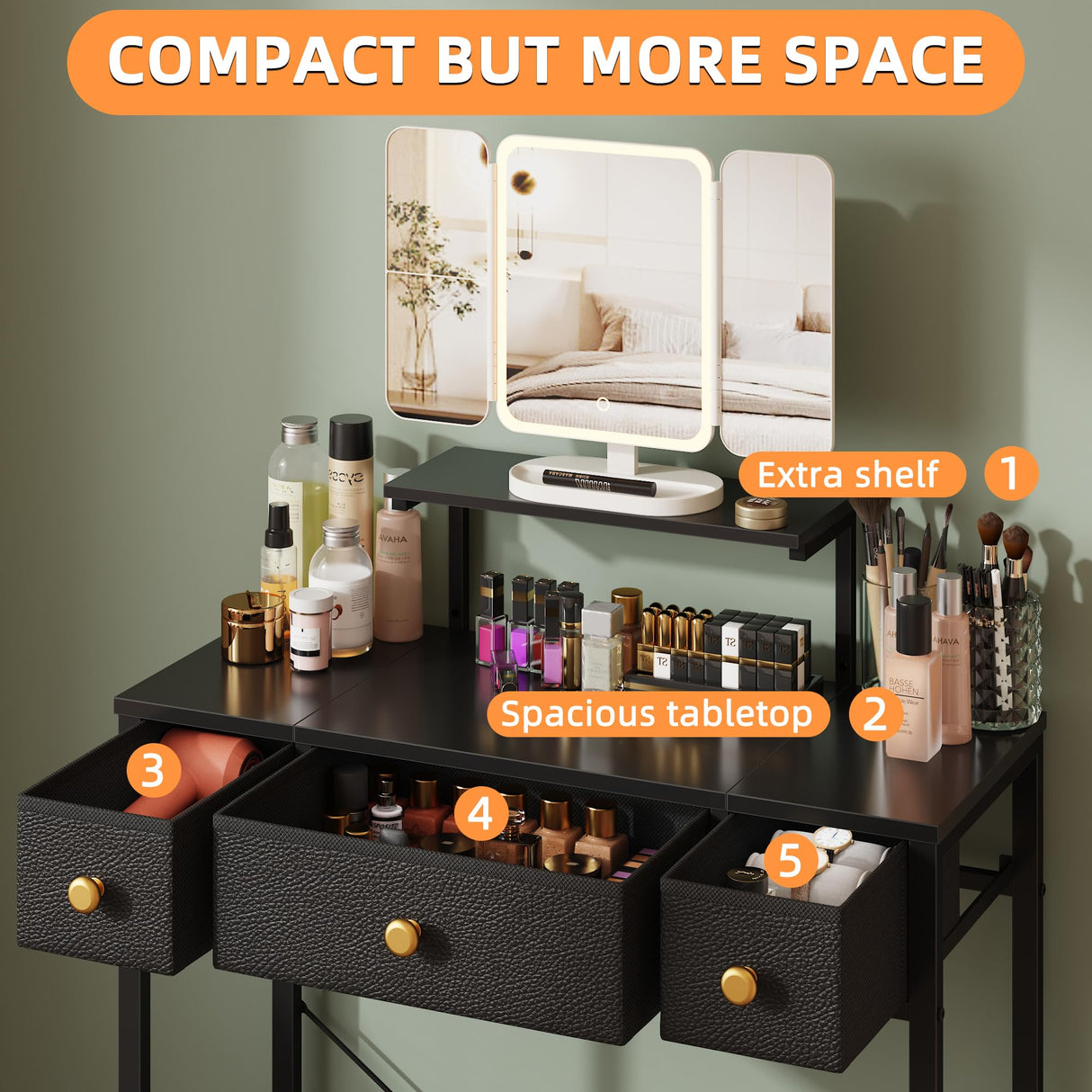 HIGDBFE Small Makeup Vanity Desk 27.5''W with Mirror and Lights, Vanity Desk with 3 Fabric Drawers and Height-Adjustable Stand, Vanity Table for Girls Gifts, Bedroom and Small Spaces, Black HIGDBFE