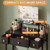 HIGDBFE Small Makeup Vanity Desk 27.5''W with Mirror and Lights, Vanity Desk with 3 Fabric Drawers and Height-Adjustable Stand, Vanity Table for Girls Gifts, Bedroom and Small Spaces, Black HIGDBFE