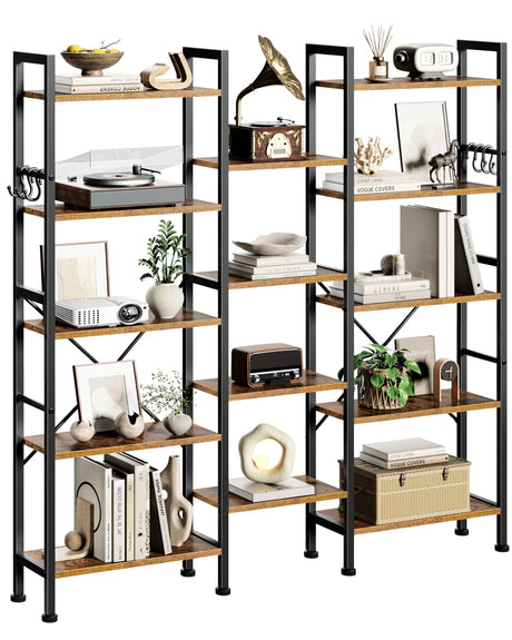 Furologee Triple 5 Tier Bookshelf, Bookcase with 14 Open Display Shelves, Wide Etagere Book Shelf, Industrial Shelving Units for Home Office, Living Room, Bedroom, Rustic Brown Furologee