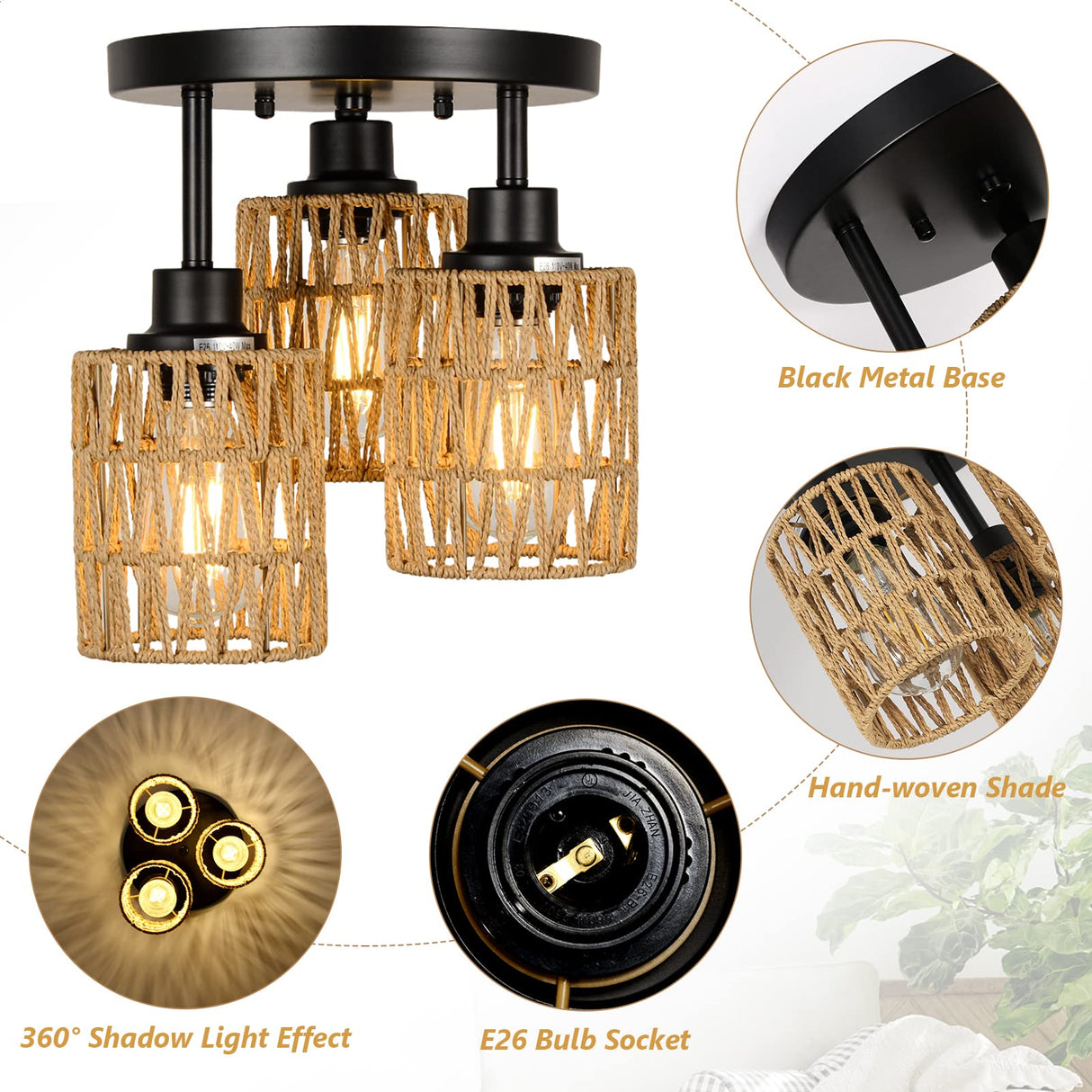 3-Lights Boho Light Fixtures Ceiling Mount, Farmhouse Rattan Chandelier, Hand Woven Cage Shade Semi Flush Mount Ceiling Lights for Bedroom Foyer Entryway Kitchen, Hallway Rattan Light Fixtures Ceiling Stepeak