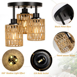 3-Lights Boho Light Fixtures Ceiling Mount, Farmhouse Rattan Chandelier, Hand Woven Cage Shade Semi Flush Mount Ceiling Lights for Bedroom Foyer Entryway Kitchen, Hallway Rattan Light Fixtures Ceiling Stepeak