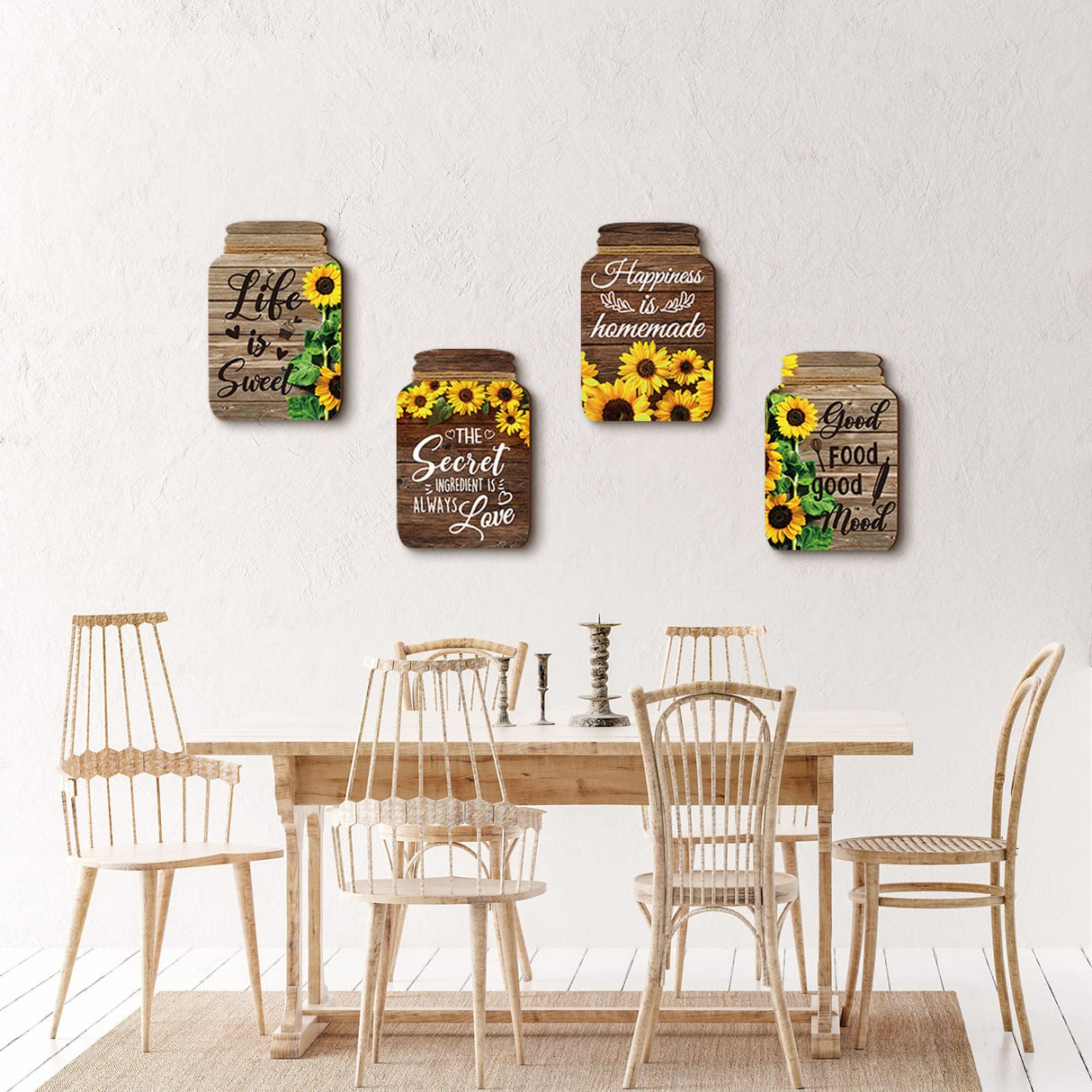 4 Pcs Kitchen Wall Decor Mason Jar Set Wooden Rustic Home Decor Inspirational Kitchen Hanging Farmhouse Wall Signs for Home decoration(Sunflower) Qunclay