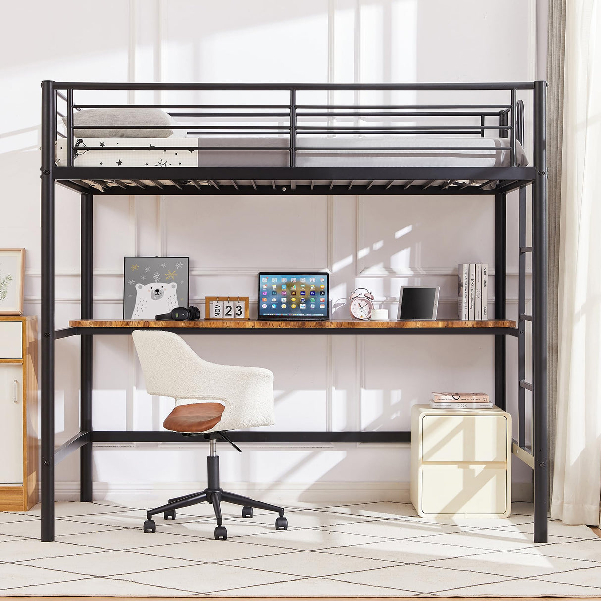 VECELO Metal Loft Bed Twin Size with Desk, Heavy Duty Bedframe with Removable Ladder and Safety Guardrail, Space-Saving, Noise Free, No Box Spring Needed, Matte Black VECELO